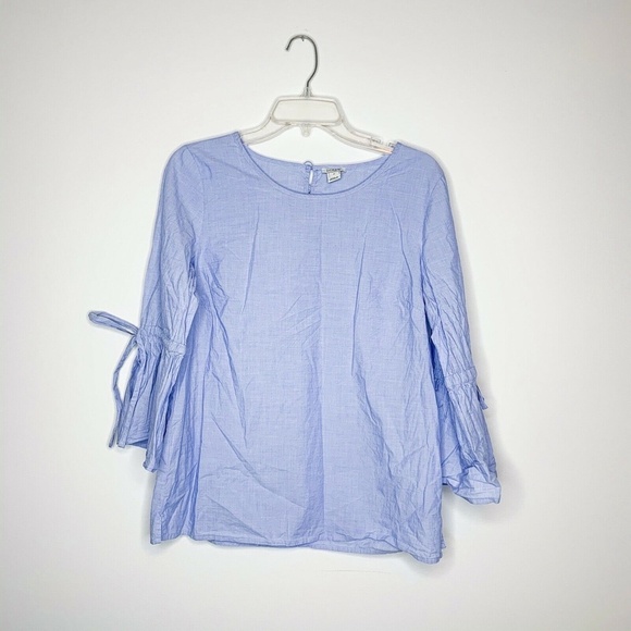 J.Crew Factory Top Women Medium Light Blue Bell Sleeve Ties Round Neck - Picture 2 of 6